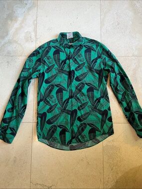 Vintage Versace Collection Emerald Green and Black Leaf Tropical Print Shirt